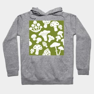 Cottagecore Mushroom Hunting Olive Green Seamless Pattern Hoodie